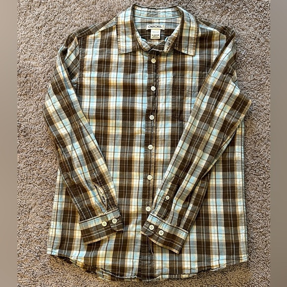 Cherokee Boys Brown Blue Plaid Long Sleeve Cotton Button Down Shirt Size 12/14 - Picture 2 of 5